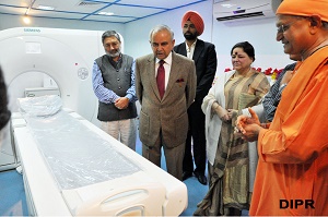 The Governor of Arunachal Pradesh Lt General Nirbhay Sharma (Retd) briefed by Secretary Swamiji of RK Mission Hospital, Itanagar Swami Vishweshananda on the newly installed CT Scanner in the hospital on 23rd April 2015. Also seen: First Lady of the State Smt Jyotsna Sharma and State Chief Secretary Shri Ramesh Negi and Secretary to Governor Shri Shurbir Singh